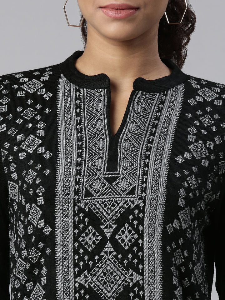 Neerus Winter Wear Black Ethnic Motifs Printed Acrylic Kurta For Women