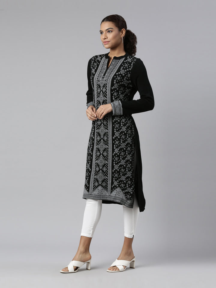 Neerus Winter Wear Black Ethnic Motifs Printed Acrylic Kurta For Women