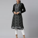 Neerus Winter Wear Black Ethnic Motifs Printed Acrylic Kurta For Women