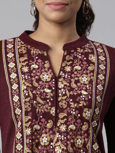 Neeru's Winter Wear Magenta Floral Printed Thread Work Acrylic Kurta For Women