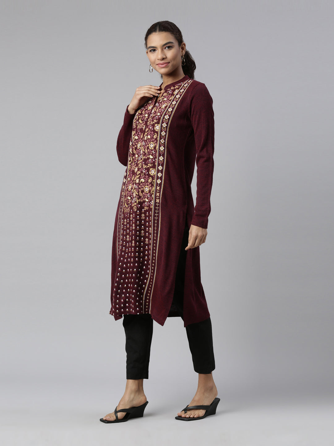 Neerus Winter Wear Magenta Floral Printed Thread Work Acrylic Kurta For Women