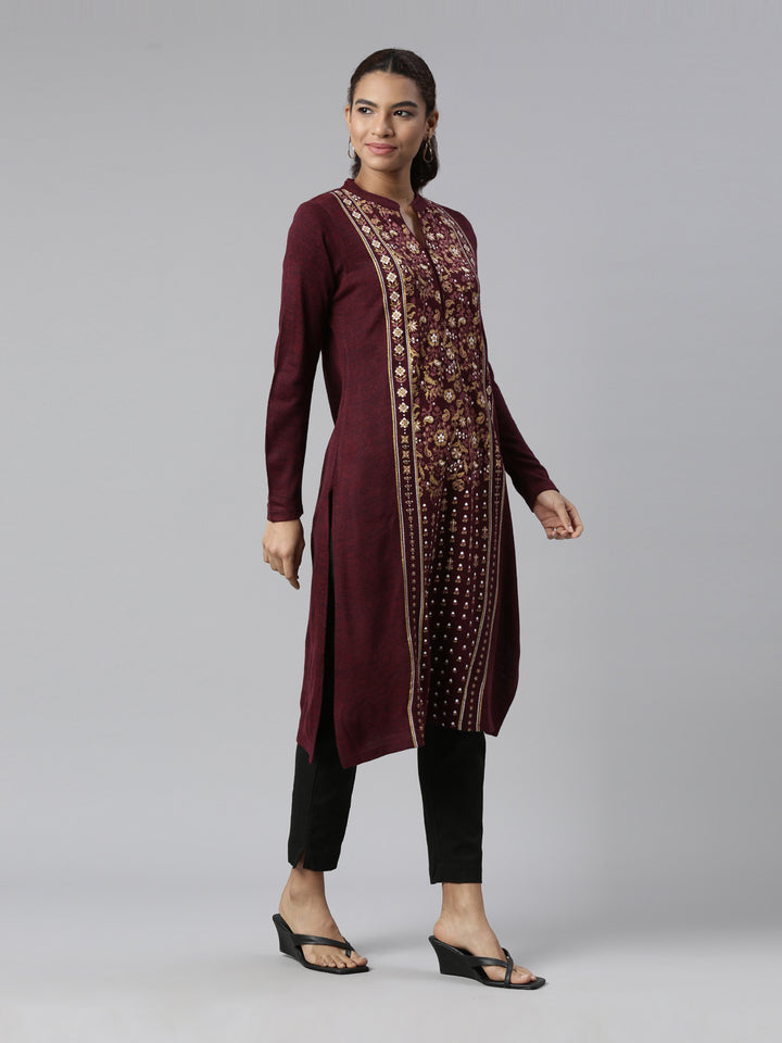 Neerus Winter Wear Magenta Floral Printed Thread Work Acrylic Kurta For Women