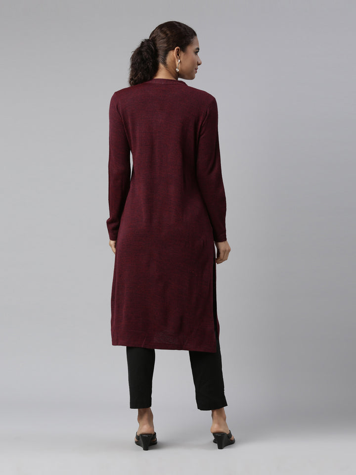 Neerus Winter Wear Magenta Floral Printed Thread Work Acrylic Kurta For Women