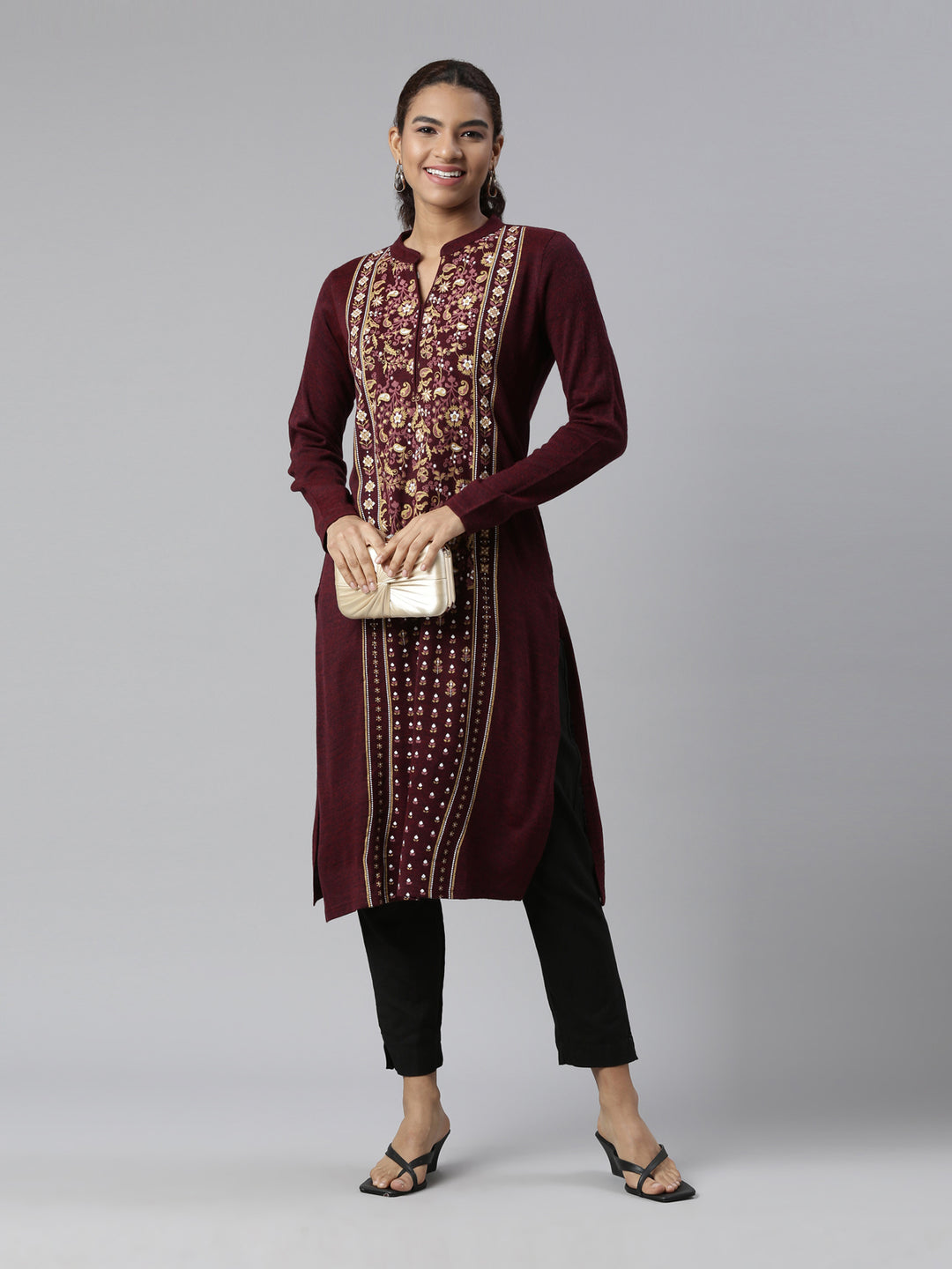 Neerus Winter Wear Magenta Floral Printed Thread Work Acrylic Kurta For Women