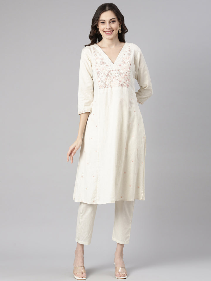 Neerus Cream Casual Solid Straight Kurtas