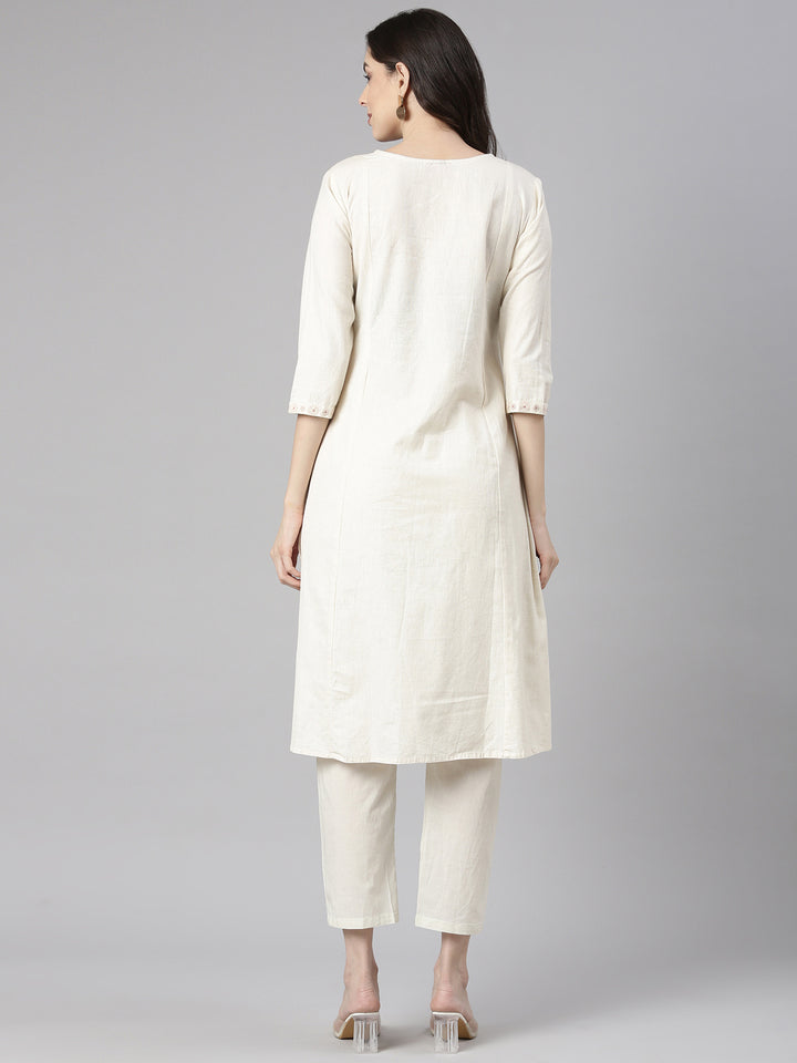 Neerus Cream Casual Solid Straight Kurtas