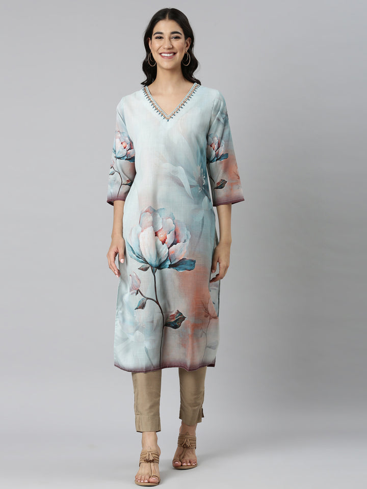 Neerus Blue Casual Floral Straight Kurtas