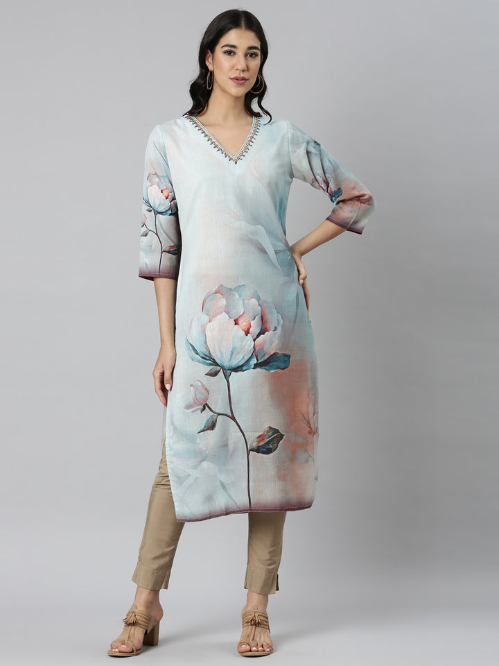 Neerus Blue Casual Floral Straight Kurtas