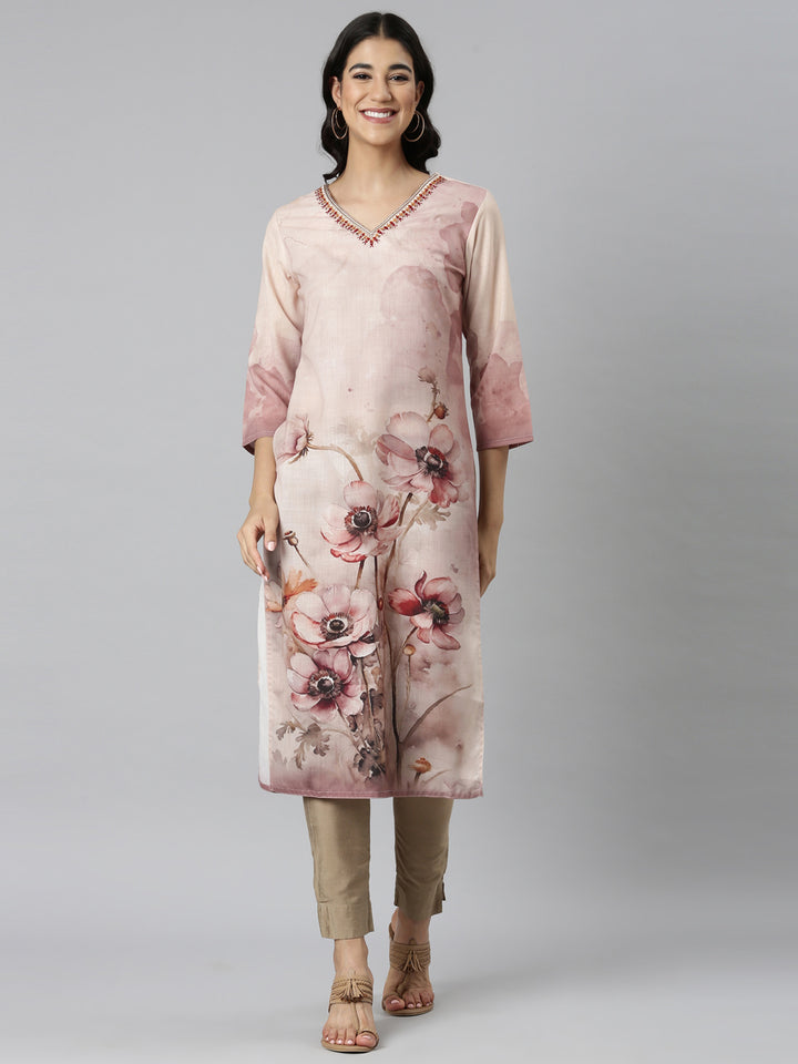 Neerus Cream Casual Floral Straight Kurtas