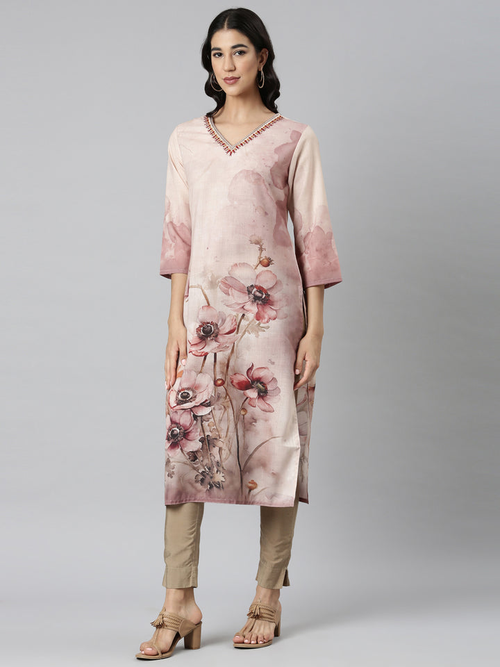 Neerus Cream Casual Floral Straight Kurtas
