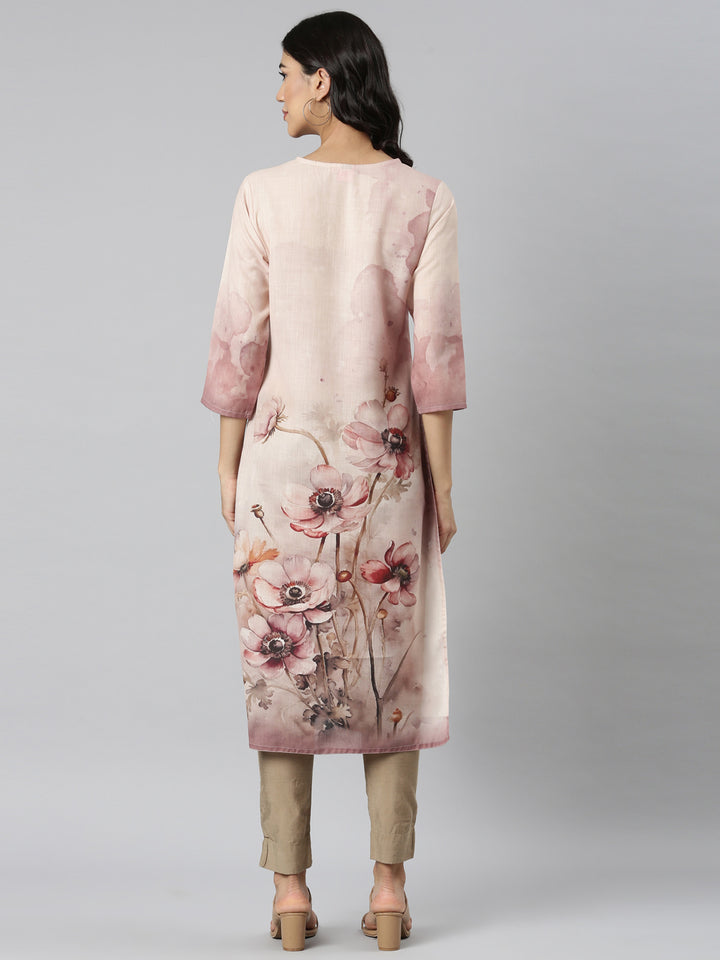 Neerus Cream Casual Floral Straight Kurtas