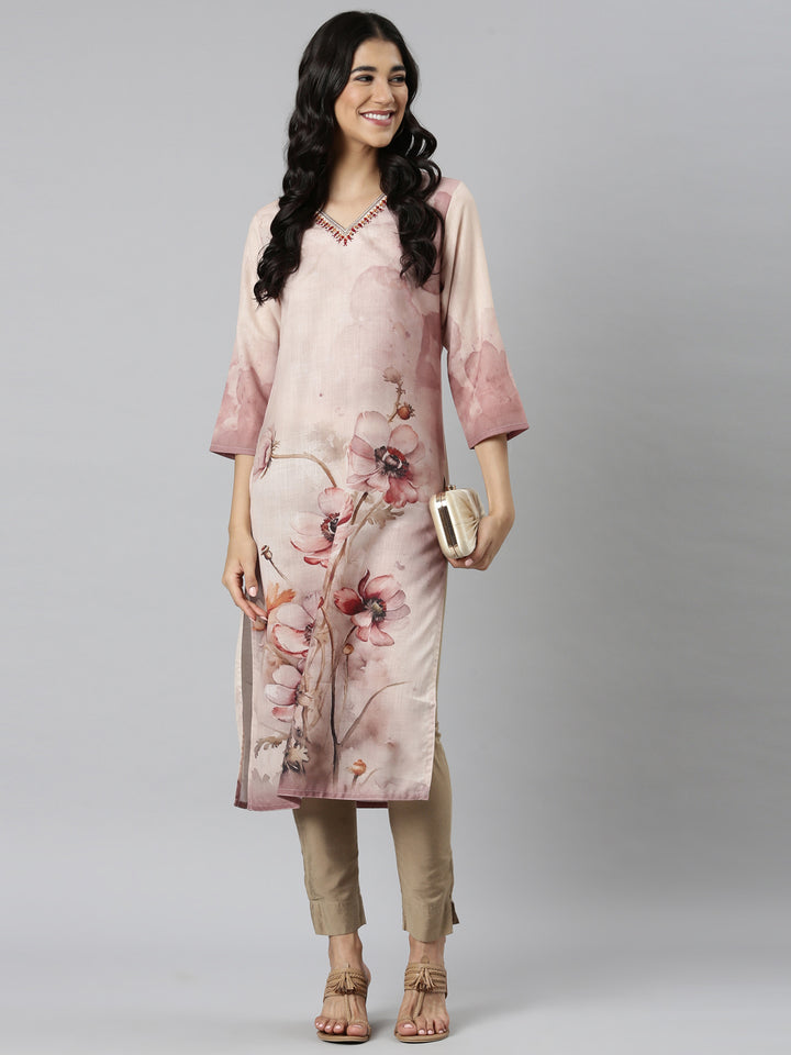 Neerus Cream Casual Floral Straight Kurtas