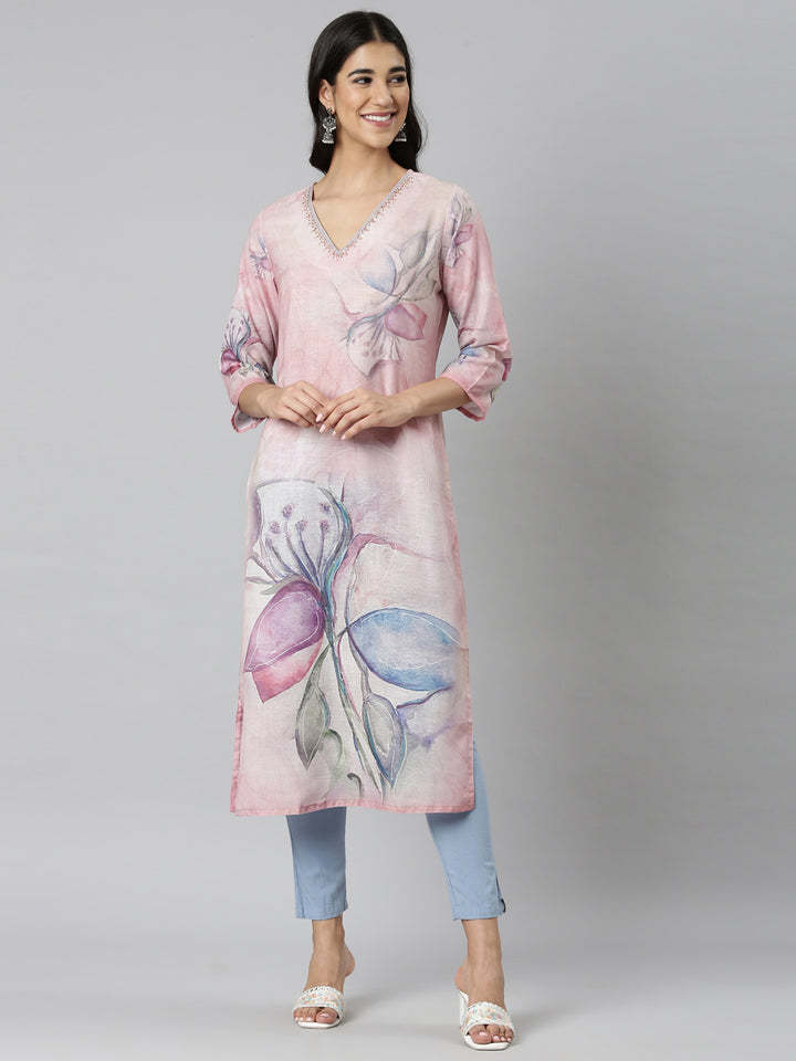 Neerus Pink Casual Floral Straight Kurtas