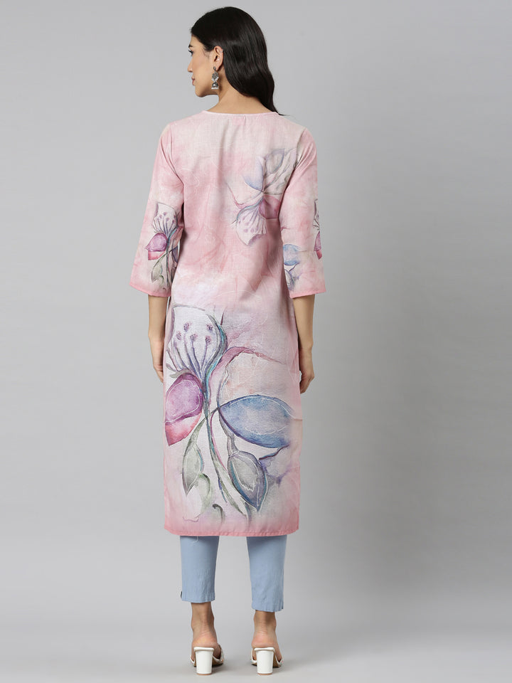 Neerus Pink Casual Floral Straight Kurtas