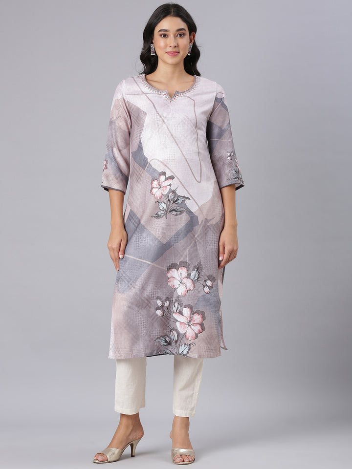 Neerus Grey Straight Casual Floral Kurtas