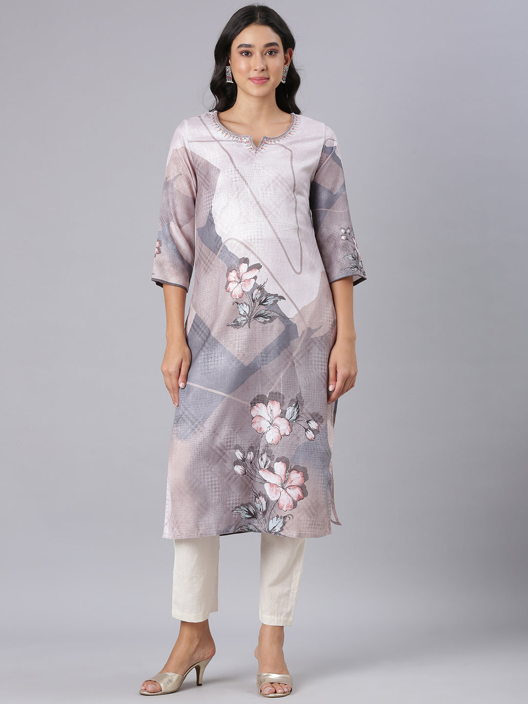 Neerus Grey Straight Casual Floral Kurtas