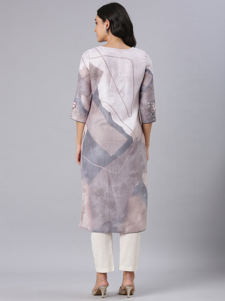 Neerus Grey Straight Casual Floral Kurtas