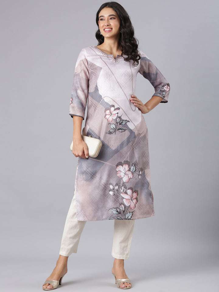Neerus Grey Straight Casual Floral Kurtas
