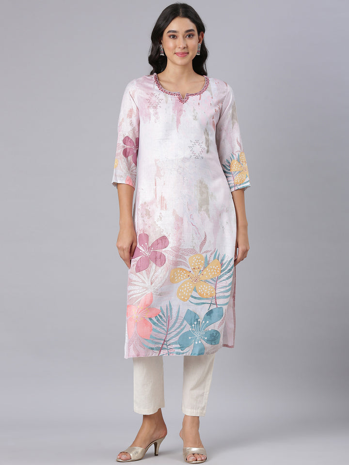 Neerus Off White Straight Casual Floral Kurtas