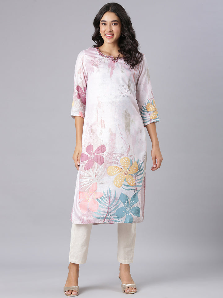 Neerus Off White Straight Casual Floral Kurtas