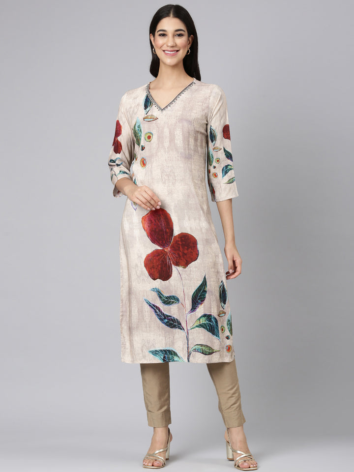 Neerus Beige Casual Floral Straight Kurtas