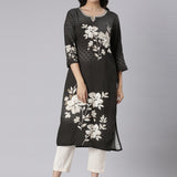 Neerus Black Casual Floral Straight Kurtas