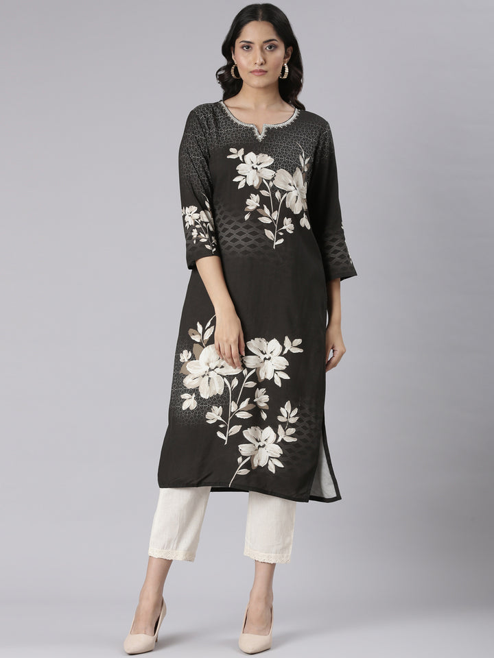 Neerus Black Casual Floral Straight Kurtas