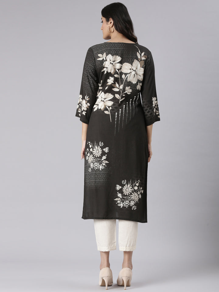 Neerus Black Casual Floral Straight Kurtas