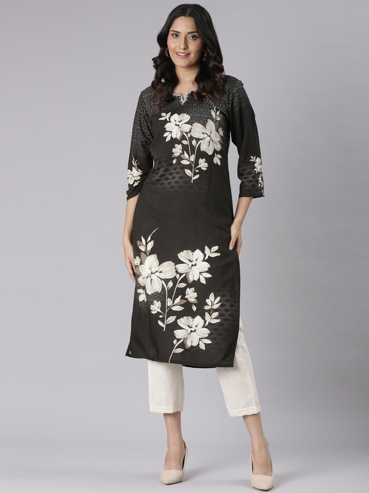 Neerus Black Casual Floral Straight Kurtas