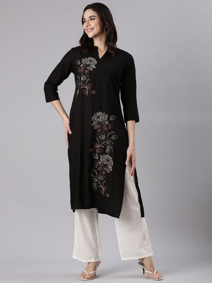 Black Rayon Embroidered Kurta