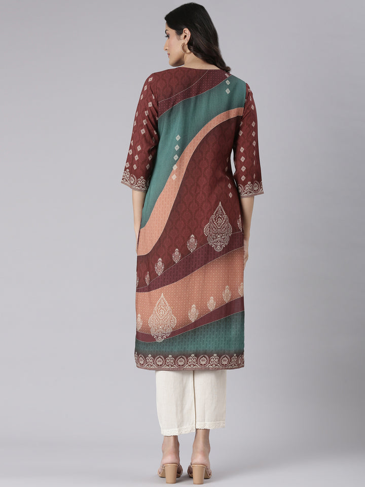 Neerus Brown Casual Paisley Straight Kurtas
