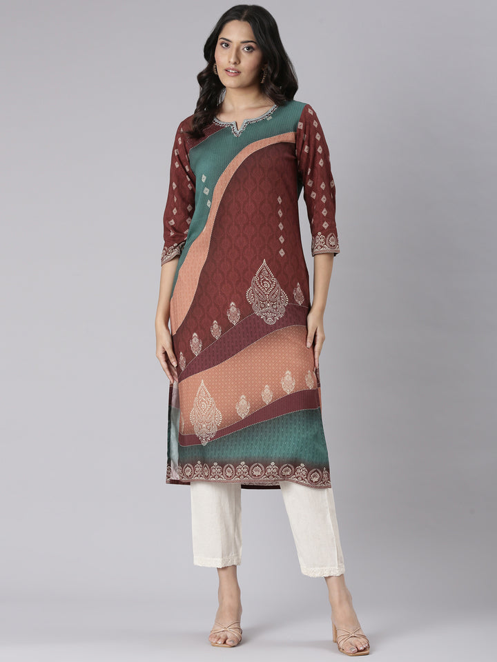 Neerus Brown Casual Paisley Straight Kurtas