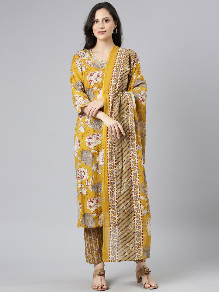 Neerus Yellow Printed Straight Kurta and Trousers With Dupatta