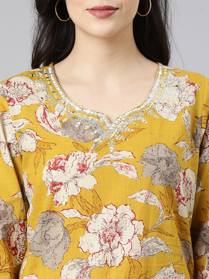 Neerus Yellow Printed Straight Kurta and Trousers With Dupatta