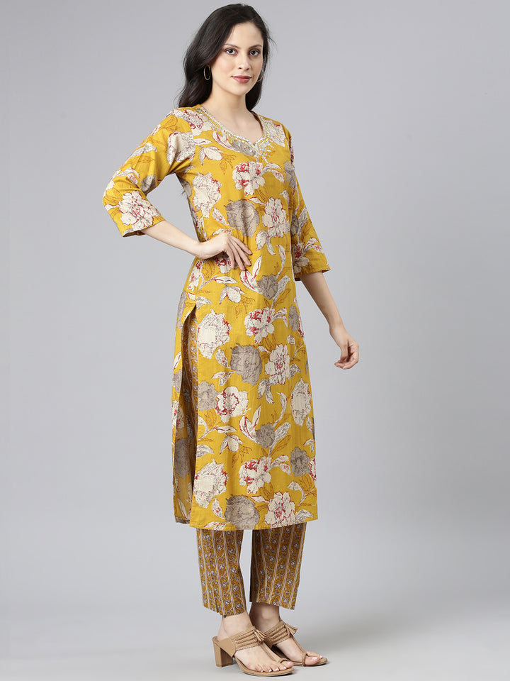 Neerus Yellow Printed Straight Kurta and Trousers With Dupatta