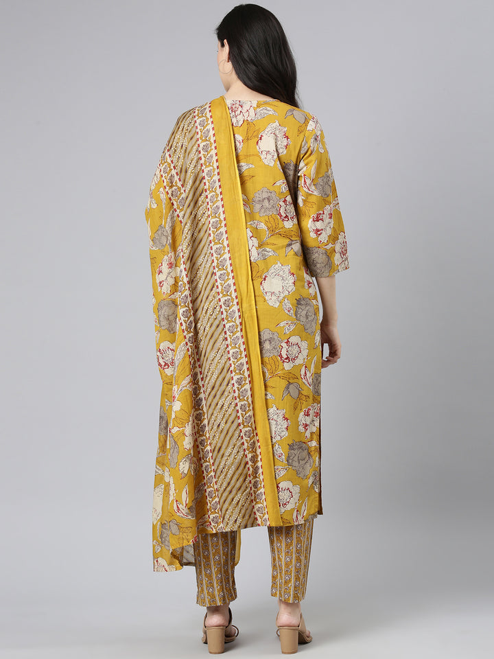 Neerus Yellow Printed Straight Kurta and Trousers With Dupatta