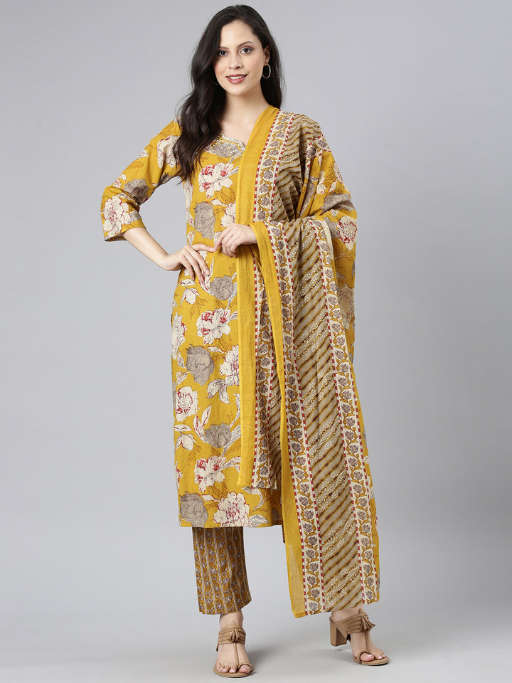 Neerus Yellow Printed Straight Kurta and Trousers With Dupatta