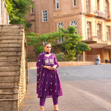 Neerus Purple Solid Anarkali Kurta and Trousers With Dupatta
