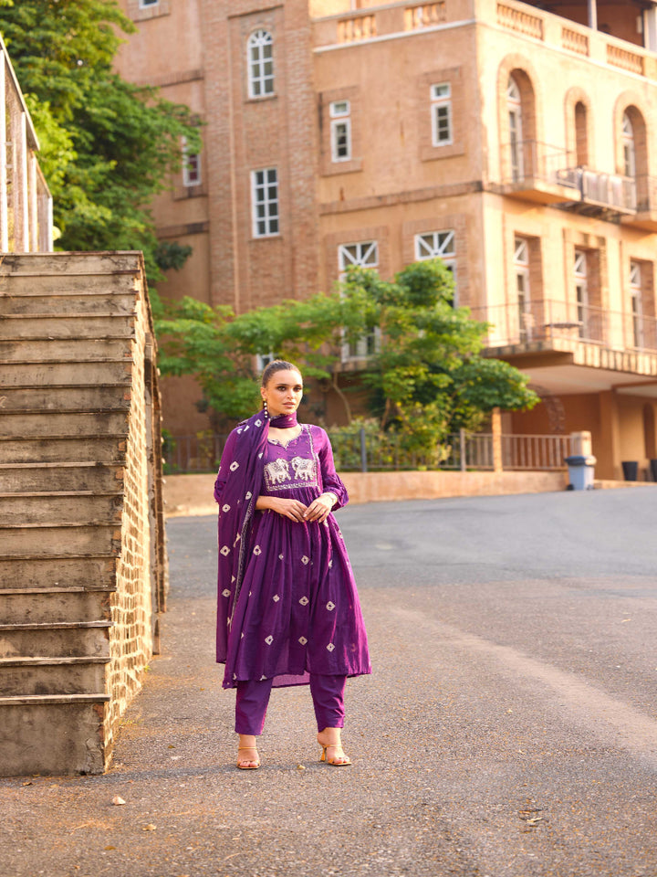 Neerus Purple Solid Anarkali Kurta and Trousers With Dupatta
