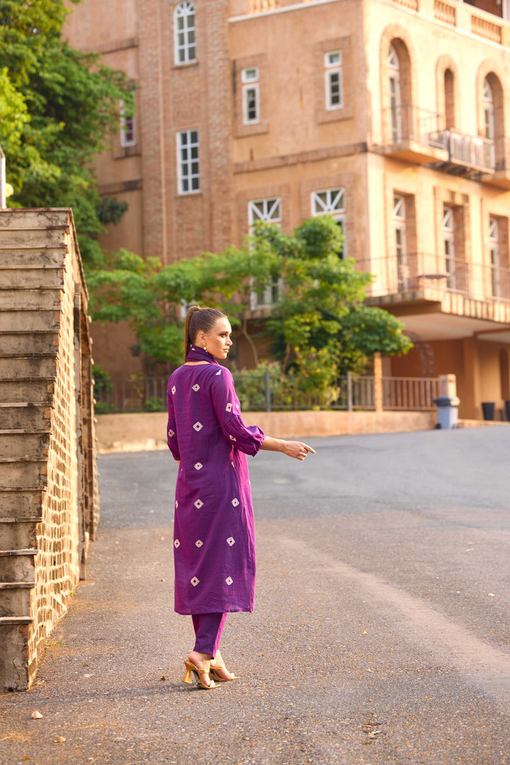 Neerus Purple Solid Anarkali Kurta and Trousers With Dupatta