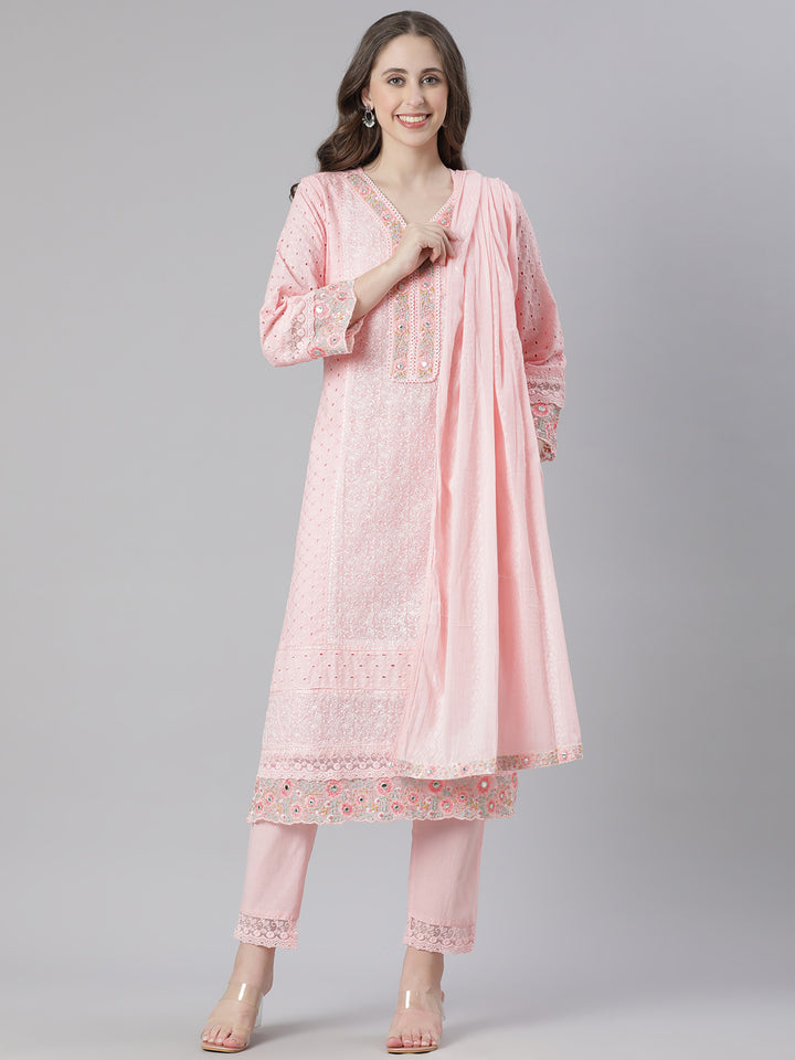 Neerus Pink Embroidered Straight Kurta and Trousers With Dupatta
