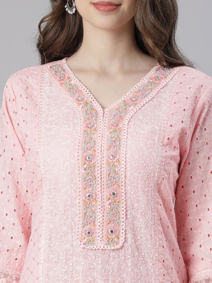 Neerus Pink Embroidered Straight Kurta and Trousers With Dupatta