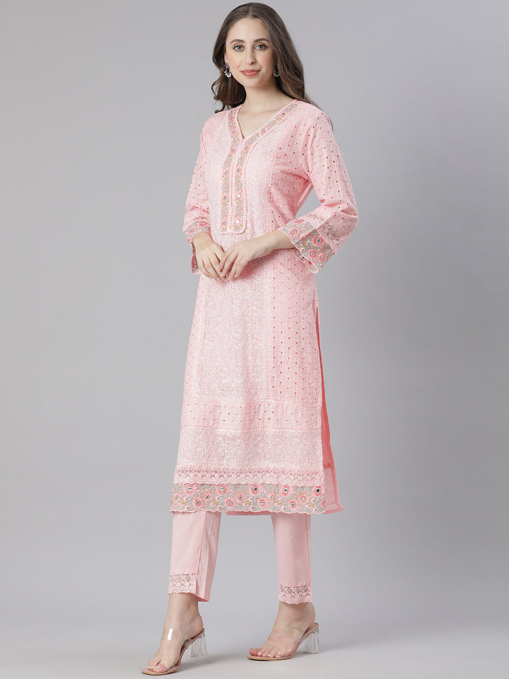 Neerus Pink Embroidered Straight Kurta and Trousers With Dupatta
