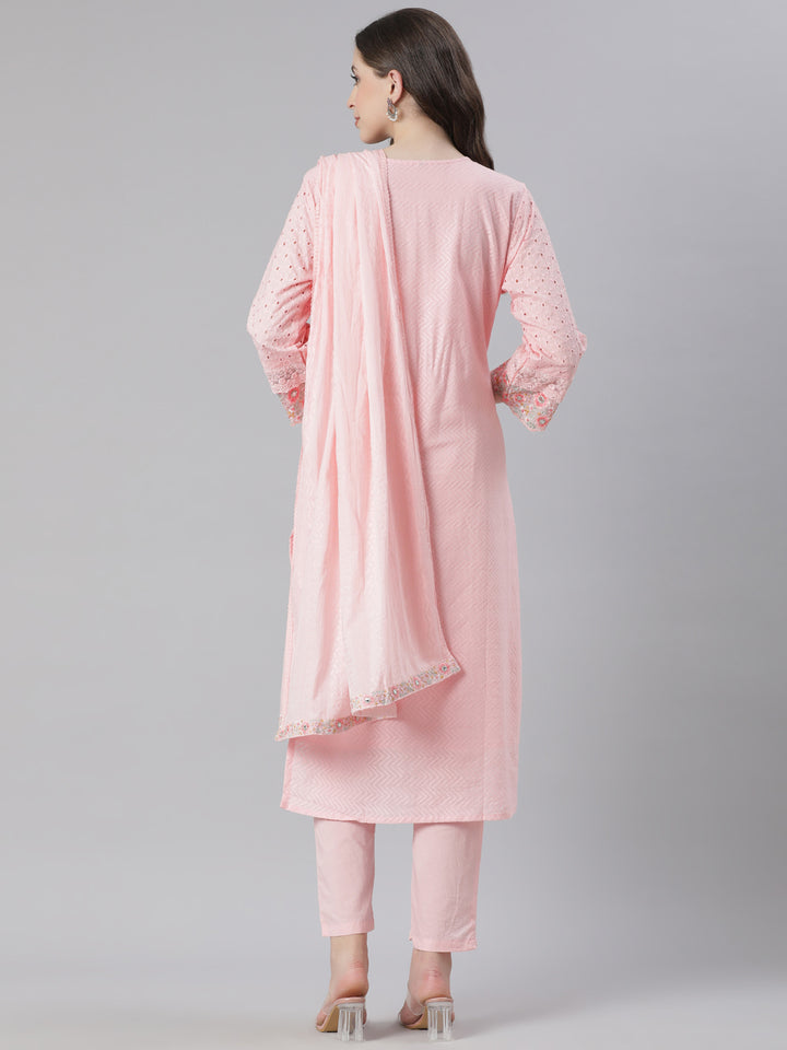 Neerus Pink Embroidered Straight Kurta and Trousers With Dupatta