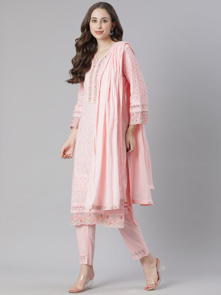 Neerus Pink Embroidered Straight Kurta and Trousers With Dupatta