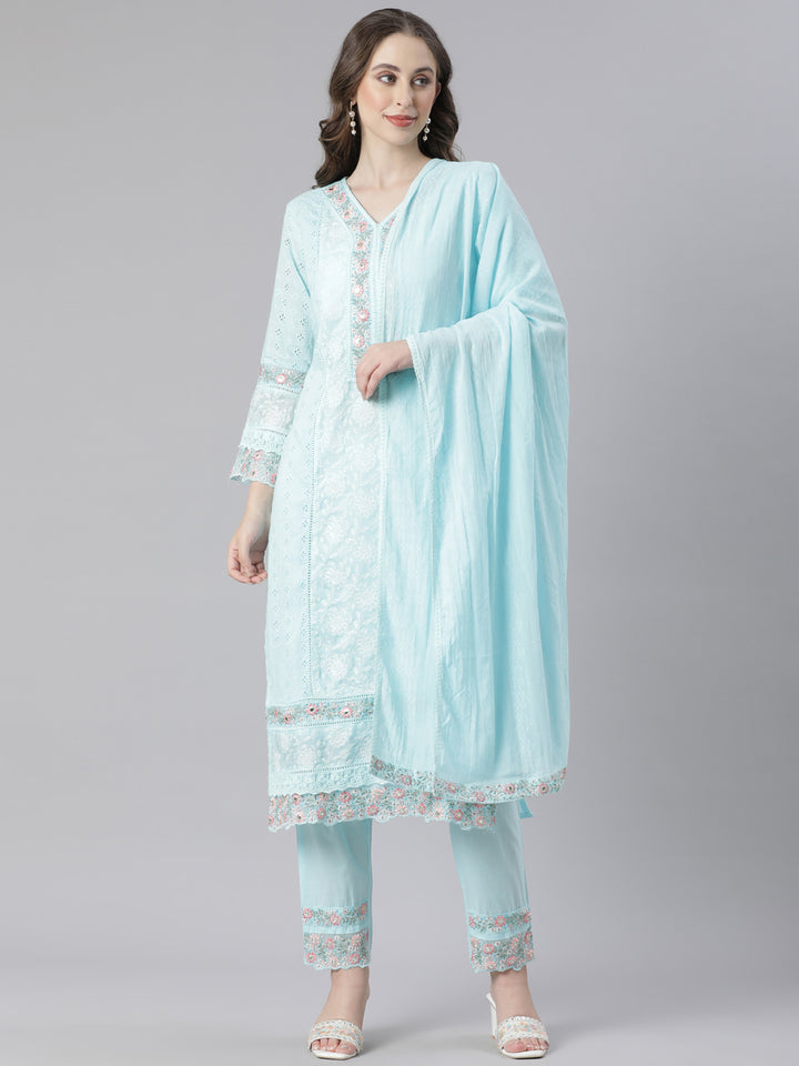 Neerus Blue Embroidered Straight Kurta and Trousers With Dupatta