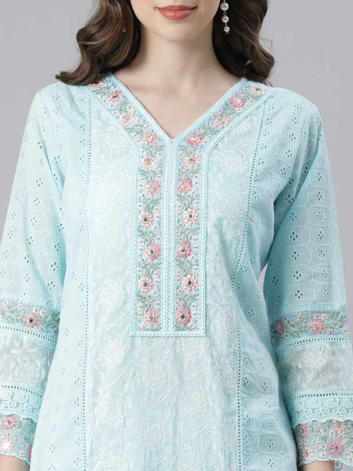 Neerus Blue Embroidered Straight Kurta and Trousers With Dupatta