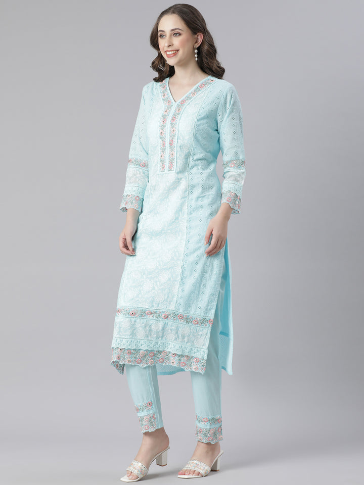 Neerus Blue Embroidered Straight Kurta and Trousers With Dupatta