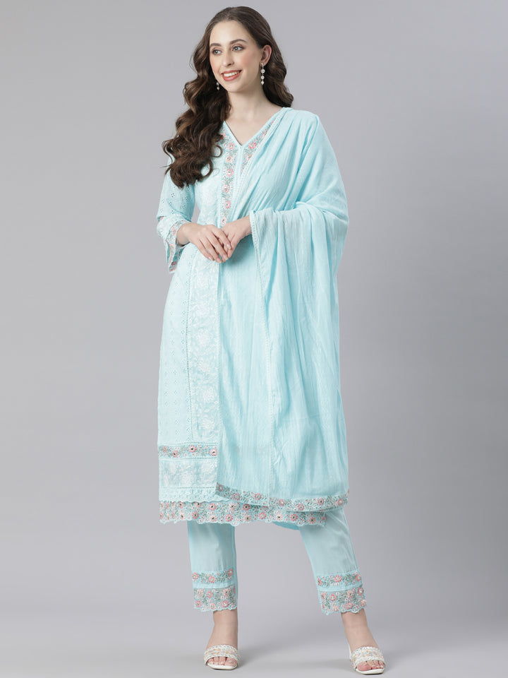 Neerus Blue Embroidered Straight Kurta and Trousers With Dupatta