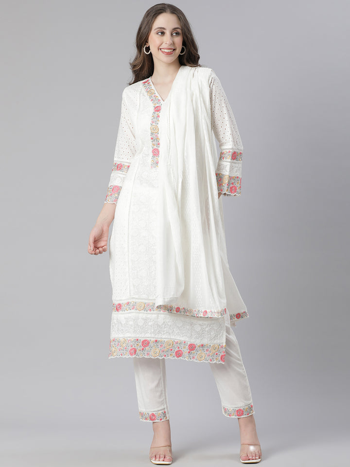 Neerus white Embroidered Straight Kurta and Trousers With Dupatta
